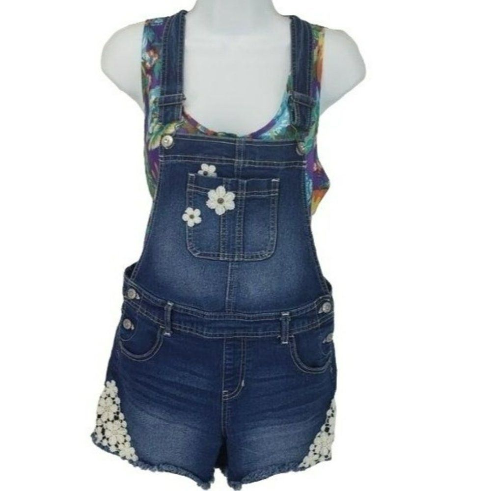 Jordache Denim Cut Off Overalls Floral Embroidered‎ Vintage Y2K Size XL